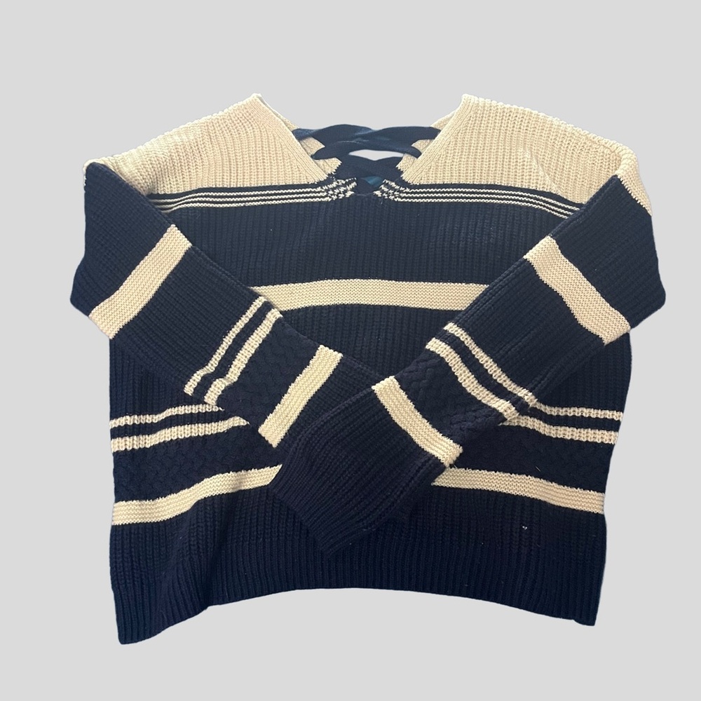 Cross back Striped Navy and Cream Sweater